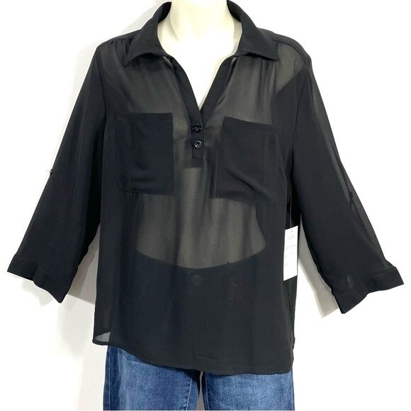 New Sheer Black Split Neck Breast Pocket Blouse - Picture 3 of 10